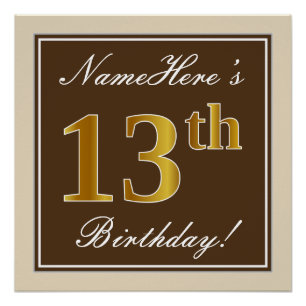 Elegant, Brown, Faux Gold 13th Birthday + Name Poster