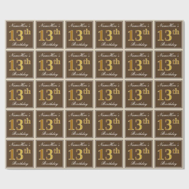 Elegant, Brown, Faux Gold 13th Birthday + Name Wrapping Paper (Flat)