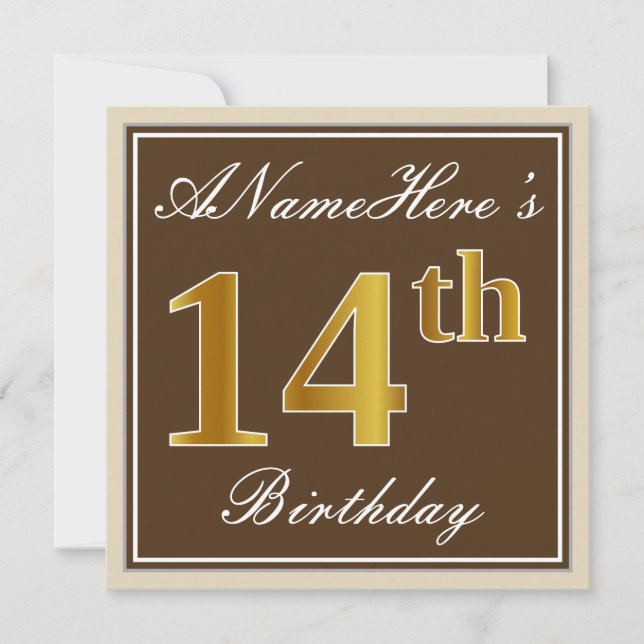 Elegant, Brown, Faux Gold 14th Birthday + Name Invitation (Front)