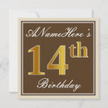 [ Thumbnail: Elegant, Brown, Faux Gold 14th Birthday + Name Invitation ]