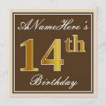 [ Thumbnail: Elegant, Brown, Faux Gold 14th Birthday + Name Invitation ]