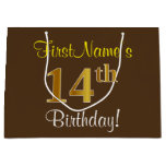 [ Thumbnail: Elegant, Brown, Faux Gold 14th Birthday + Name Gift Bag ]