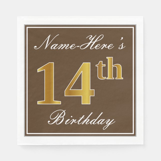 Elegant Brown, Faux Gold 14th Birthday + Name Napkins (Front)