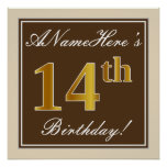 [ Thumbnail: Elegant, Brown, Faux Gold 14th Birthday + Name Poster ]