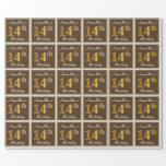 [ Thumbnail: Elegant, Brown, Faux Gold 14th Birthday + Name Wrapping Paper ]