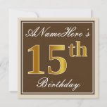 [ Thumbnail: Elegant, Brown, Faux Gold 15th Birthday + Name Invitation ]