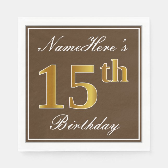 Elegant Brown, Faux Gold 15th Birthday + Name Napkins (Front)