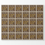 [ Thumbnail: Elegant, Brown, Faux Gold 15th Birthday + Name Wrapping Paper ]