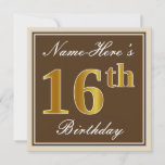 [ Thumbnail: Elegant, Brown, Faux Gold 16th Birthday + Name Invitation ]