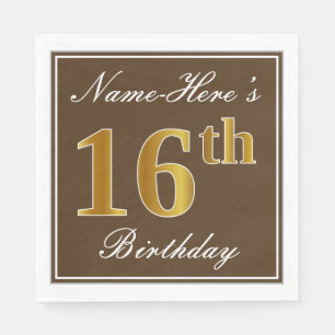Elegant Brown, Faux Gold 16th Birthday + Name Napkins
