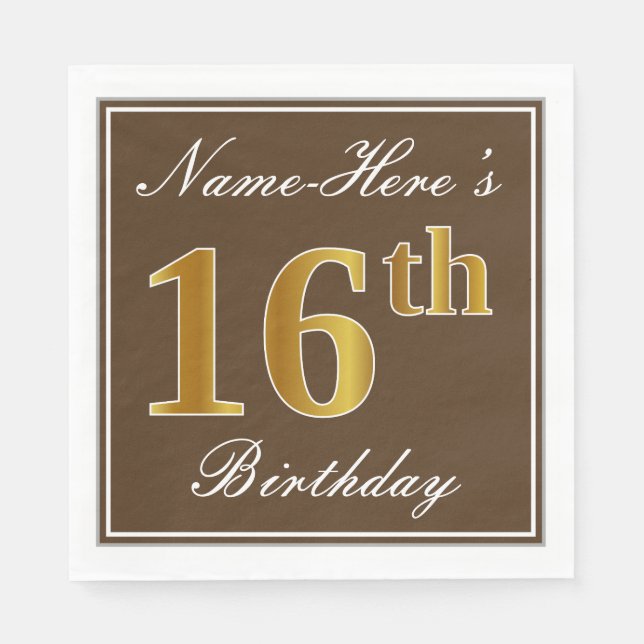 Elegant Brown, Faux Gold 16th Birthday + Name Napkins (Front)