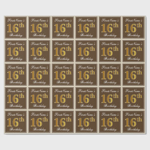 Elegant, Brown, Faux Gold 16th Birthday + Name Wrapping Paper
