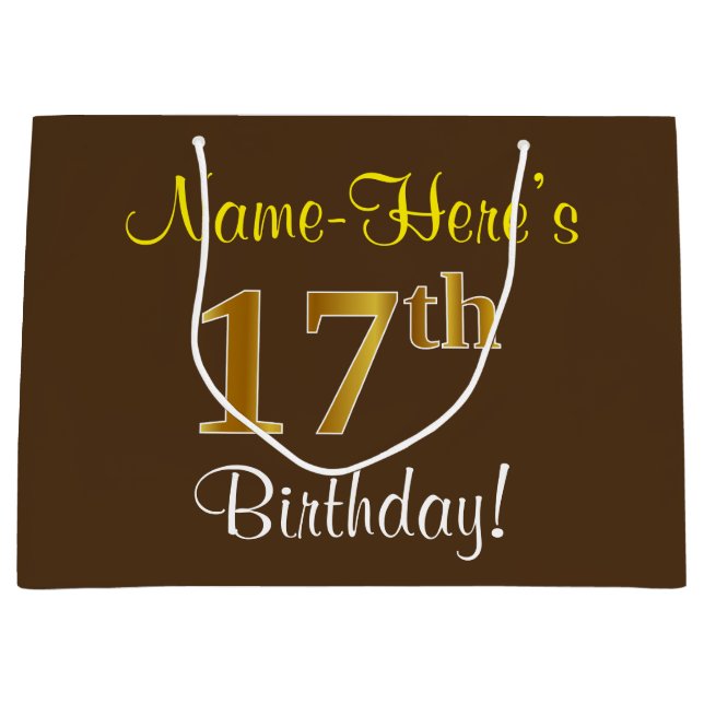 Elegant, Brown, Faux Gold 17th Birthday + Name Large Gift Bag (Front)