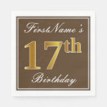 [ Thumbnail: Elegant Brown, Faux Gold 17th Birthday + Name Napkins ]