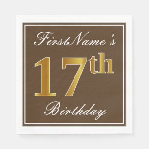 Elegant Brown, Faux Gold 17th Birthday + Name Paper Napkins