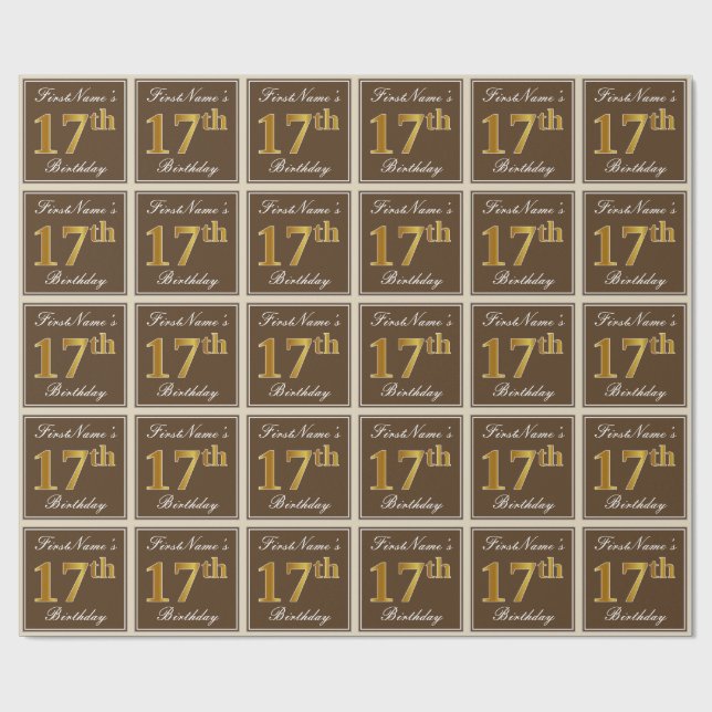 Elegant, Brown, Faux Gold 17th Birthday + Name Wrapping Paper (Flat)
