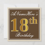 [ Thumbnail: Elegant, Brown, Faux Gold 18th Birthday + Name Invitation ]
