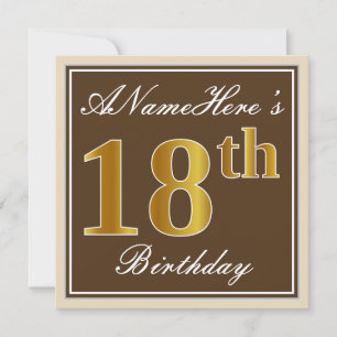 Elegant, Brown, Faux Gold 18th Birthday + Name Invitation