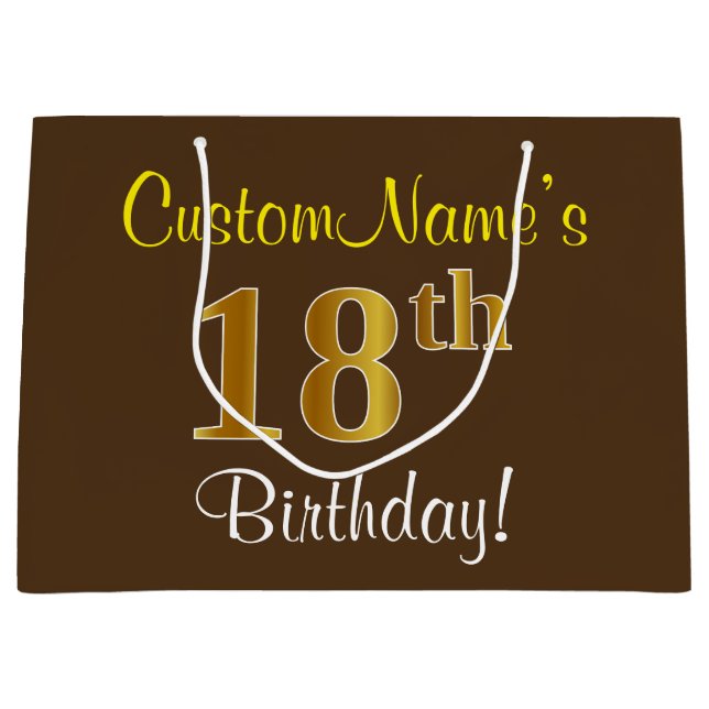 Elegant, Brown, Faux Gold 18th Birthday + Name Large Gift Bag (Front)