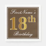 [ Thumbnail: Elegant Brown, Faux Gold 18th Birthday + Name Napkins ]