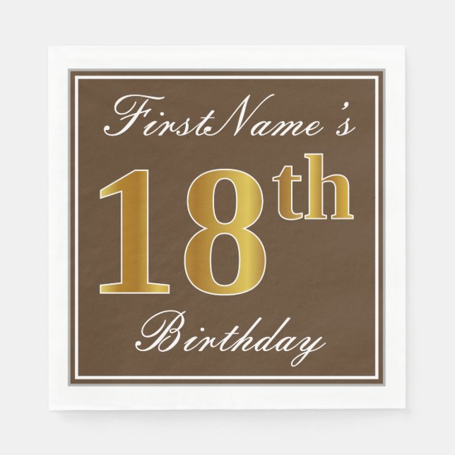 Elegant Brown, Faux Gold 18th Birthday + Name Paper Napkins (Front)