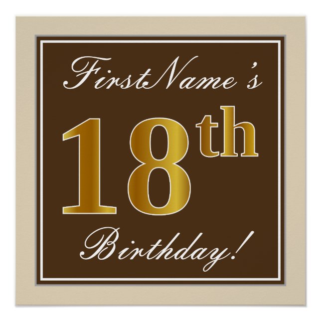 Elegant, Brown, Faux Gold 18th Birthday + Name Poster (Front)