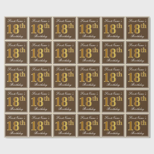 Elegant, Brown, Faux Gold 18th Birthday + Name Wrapping Paper (Flat)