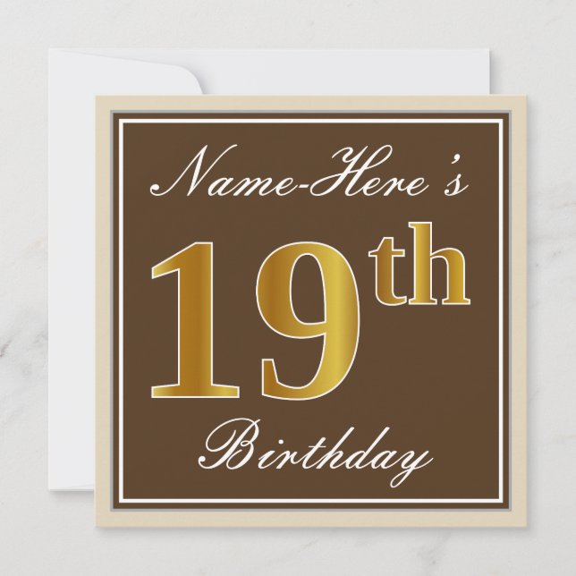 Elegant, Brown, Faux Gold 19th Birthday + Name Invitation (Front)