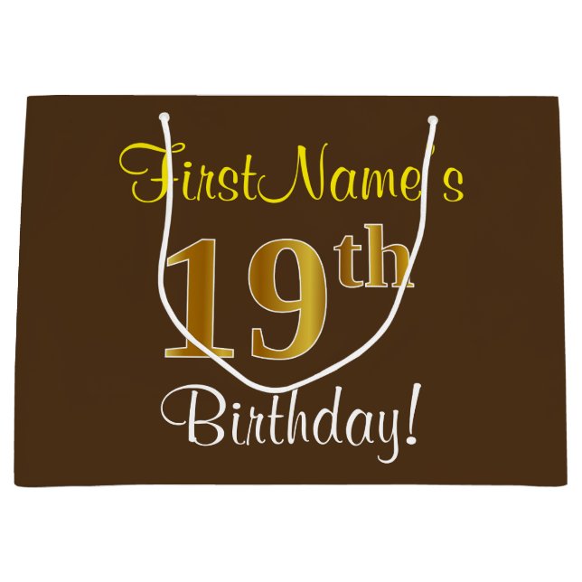 Elegant, Brown, Faux Gold 19th Birthday + Name Large Gift Bag (Front)