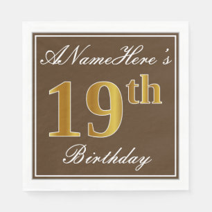 Elegant Brown, Faux Gold 19th Birthday + Name Paper Napkins