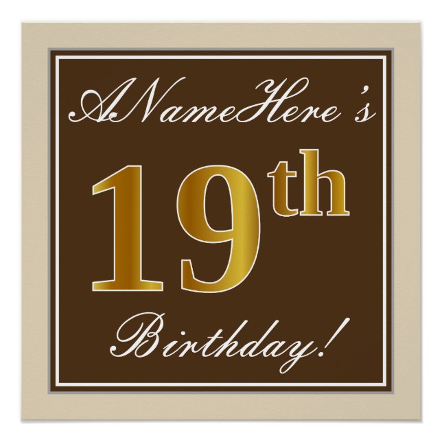 Elegant, Brown, Faux Gold 19th Birthday + Name Poster (Front)