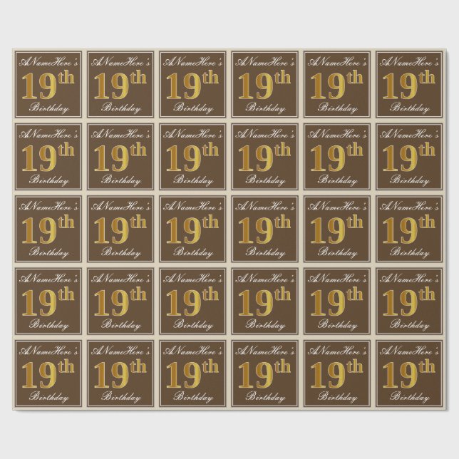 Elegant, Brown, Faux Gold 19th Birthday + Name Wrapping Paper (Flat)