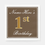 [ Thumbnail: Elegant Brown, Faux Gold 1st Birthday; Custom Name Napkins ]