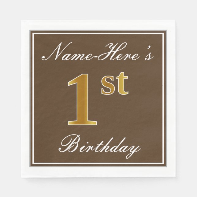 Elegant Brown, Faux Gold 1st Birthday; Custom Name Napkins (Front)