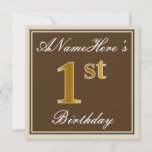 [ Thumbnail: Elegant, Brown, Faux Gold 1st Birthday + Name Invitation ]