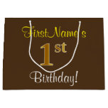 [ Thumbnail: Elegant, Brown, Faux Gold 1st Birthday + Name Gift Bag ]