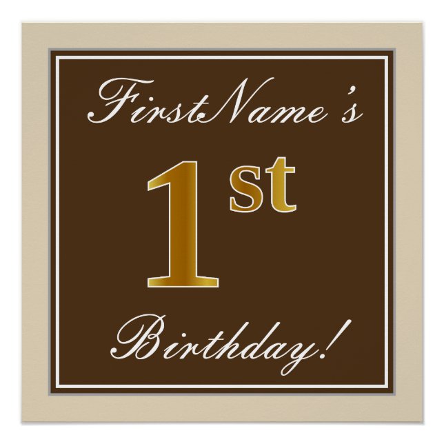 Elegant, Brown, Faux Gold 1st Birthday + Name Poster (Front)