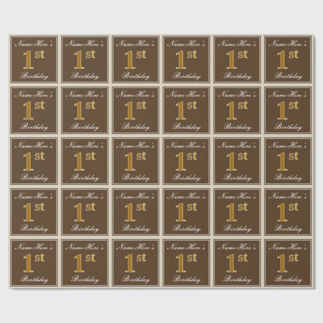 Elegant, Brown, Faux Gold 1st Birthday + Name Wrapping Paper (Flat)