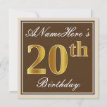[ Thumbnail: Elegant, Brown, Faux Gold 20th Birthday + Name Invitation ]