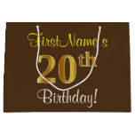 [ Thumbnail: Elegant, Brown, Faux Gold 20th Birthday + Name Gift Bag ]