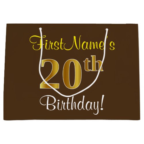 Elegant Brown Faux Gold 20th Birthday  Name Large Gift Bag