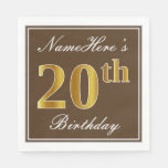 [ Thumbnail: Elegant Brown, Faux Gold 20th Birthday + Name Napkins ]