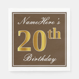 Elegant Brown, Faux Gold 20th Birthday + Name Paper Napkins