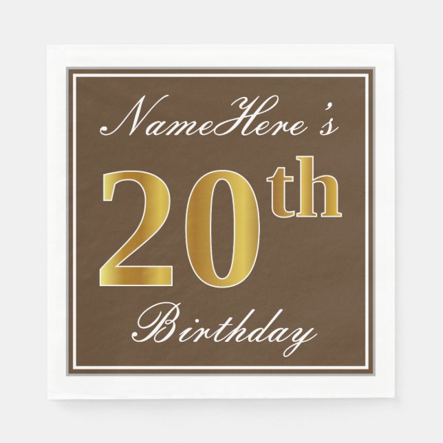 Elegant Brown, Faux Gold 20th Birthday + Name Paper Napkins (Front)