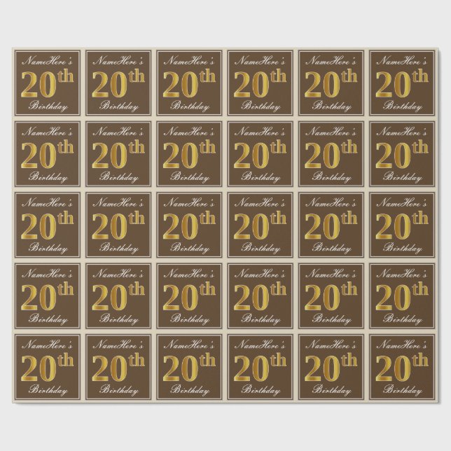 Elegant, Brown, Faux Gold 20th Birthday + Name Wrapping Paper (Flat)