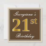 [ Thumbnail: Elegant, Brown, Faux Gold 21st Birthday + Name Invitation ]