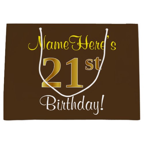 Elegant Brown Faux Gold 21st Birthday  Name Large Gift Bag