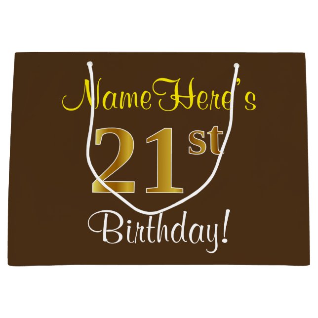 Elegant, Brown, Faux Gold 21st Birthday + Name Large Gift Bag (Front)