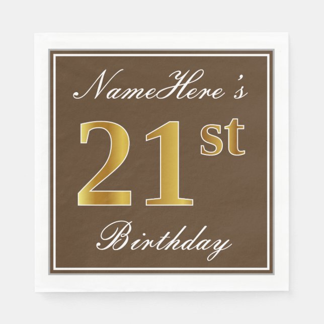 Elegant Brown, Faux Gold 21st Birthday + Name Napkins (Front)