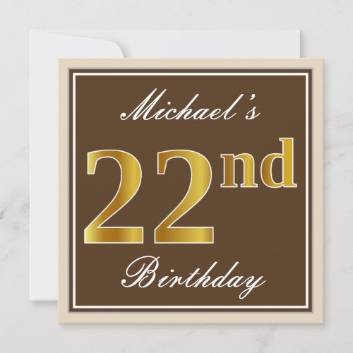 Elegant Brown Faux Gold 22nd Birthday  Name Invitation